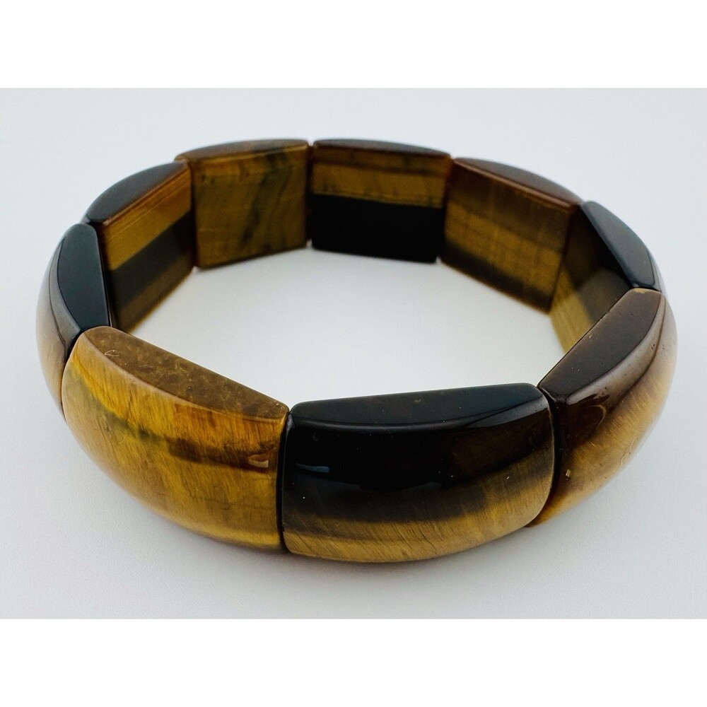 Natural Tiger Eye Stone Stretch Bracelet Wide Curved Segments 2.5 Inch